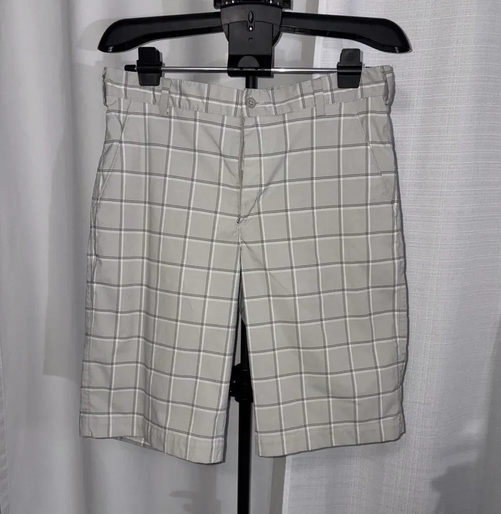 Nike Men's Golf Shorts (32W) Gray/White Plaid Flat Front Pockets #0186